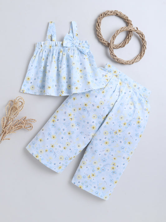 Floral Print Coord set with and Pleated Pants- Blue