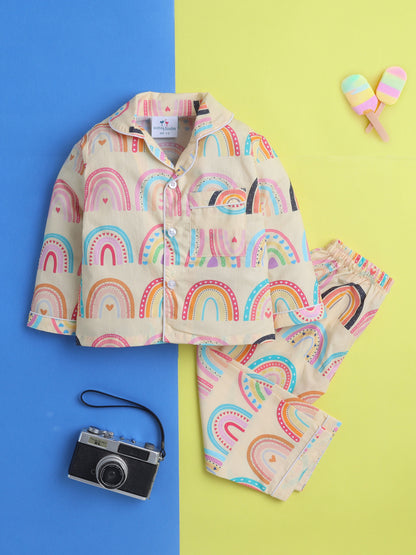 Rainbow Print Print Night Suit- Beige