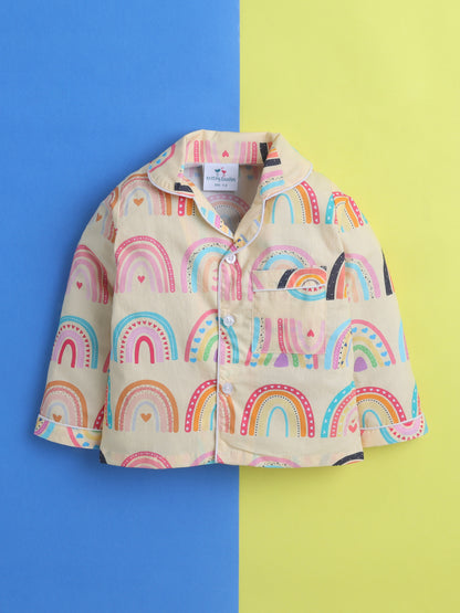 Rainbow Print Print Night Suit- Beige