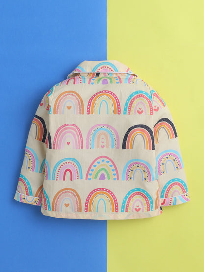 Rainbow Print Print Night Suit- Beige
