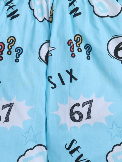 Six Seven Meme Print Print Night Suit- Blue