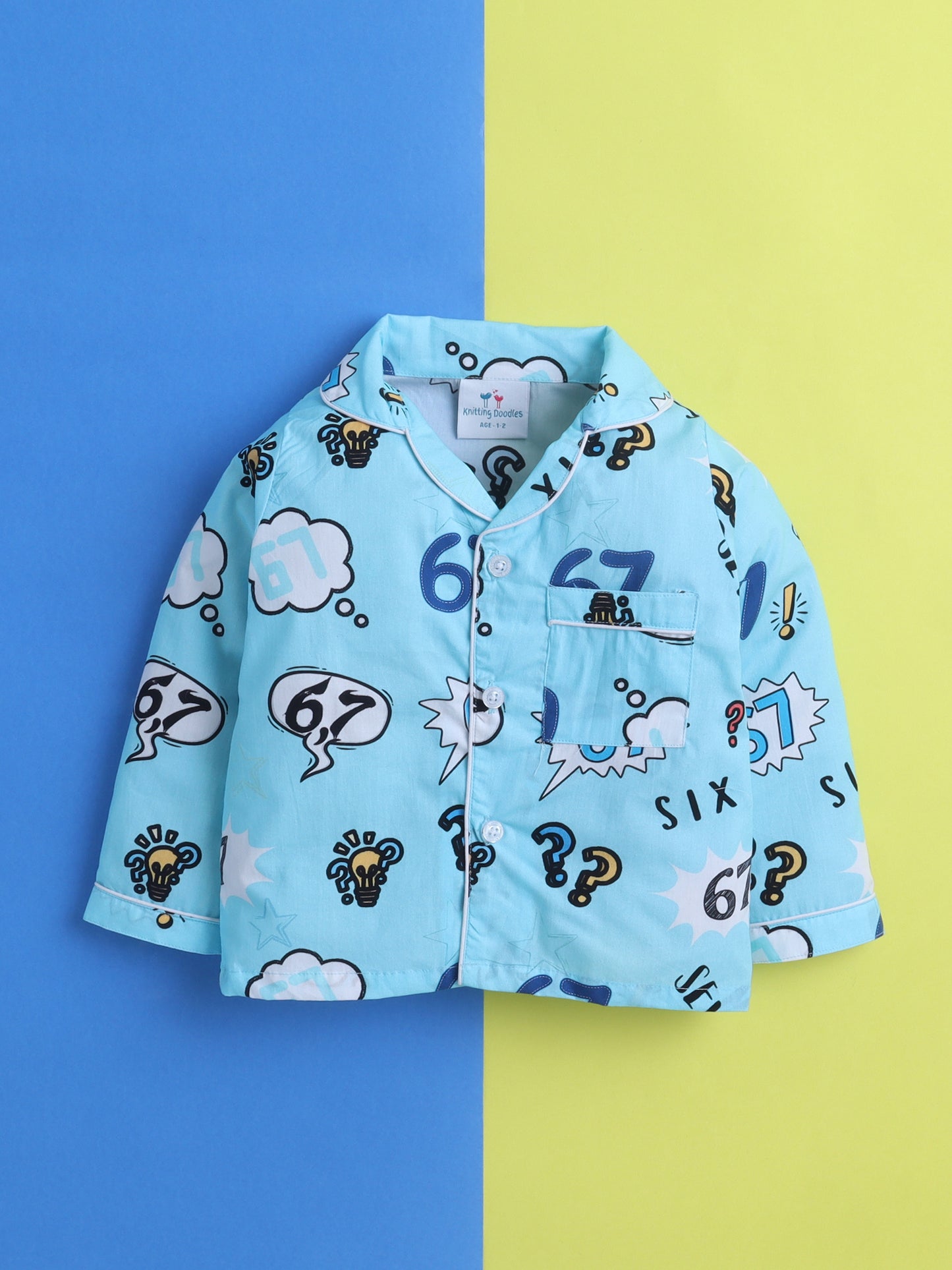 Six Seven Meme Print Print Night Suit- Blue