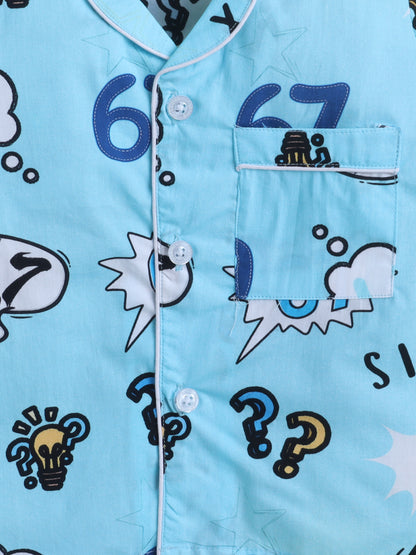 Six Seven Meme Print Print Night Suit- Blue