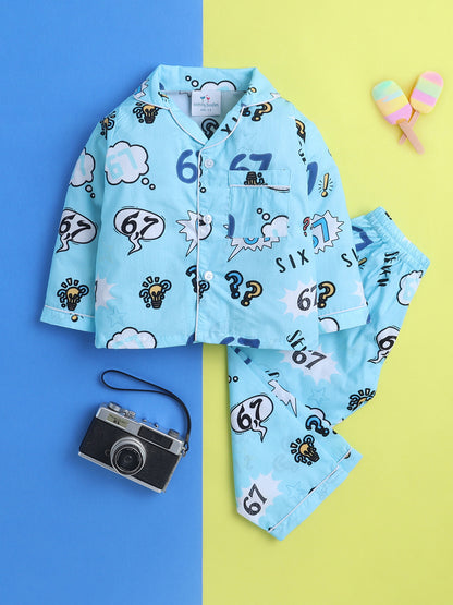 Six Seven Meme Print Print Night Suit- Blue