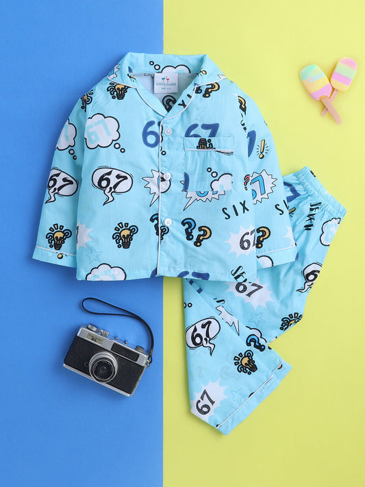 Six Seven Meme Print Print Night Suit- Blue