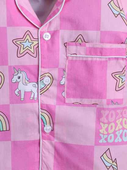 Unicorn Print Print Night Suit- Pink