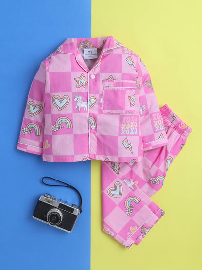 Unicorn Print Print Night Suit- Pink