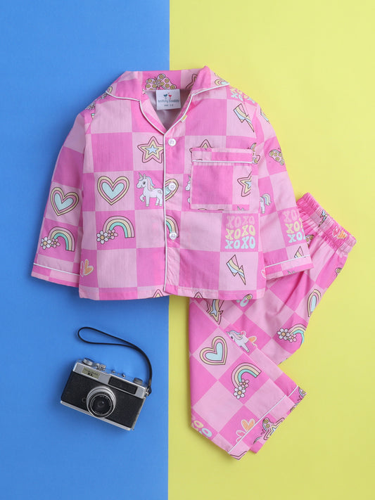 Unicorn Print Print Night Suit- Pink