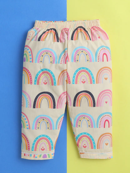 Rainbow Print Print Night Suit- Beige