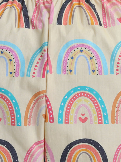 Rainbow Print Print Night Suit- Beige