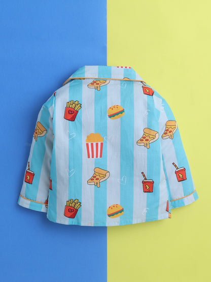 Junk Food Print Night Suit- Blue