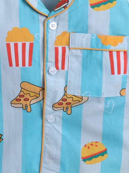 Junk Food Print Night Suit- Blue