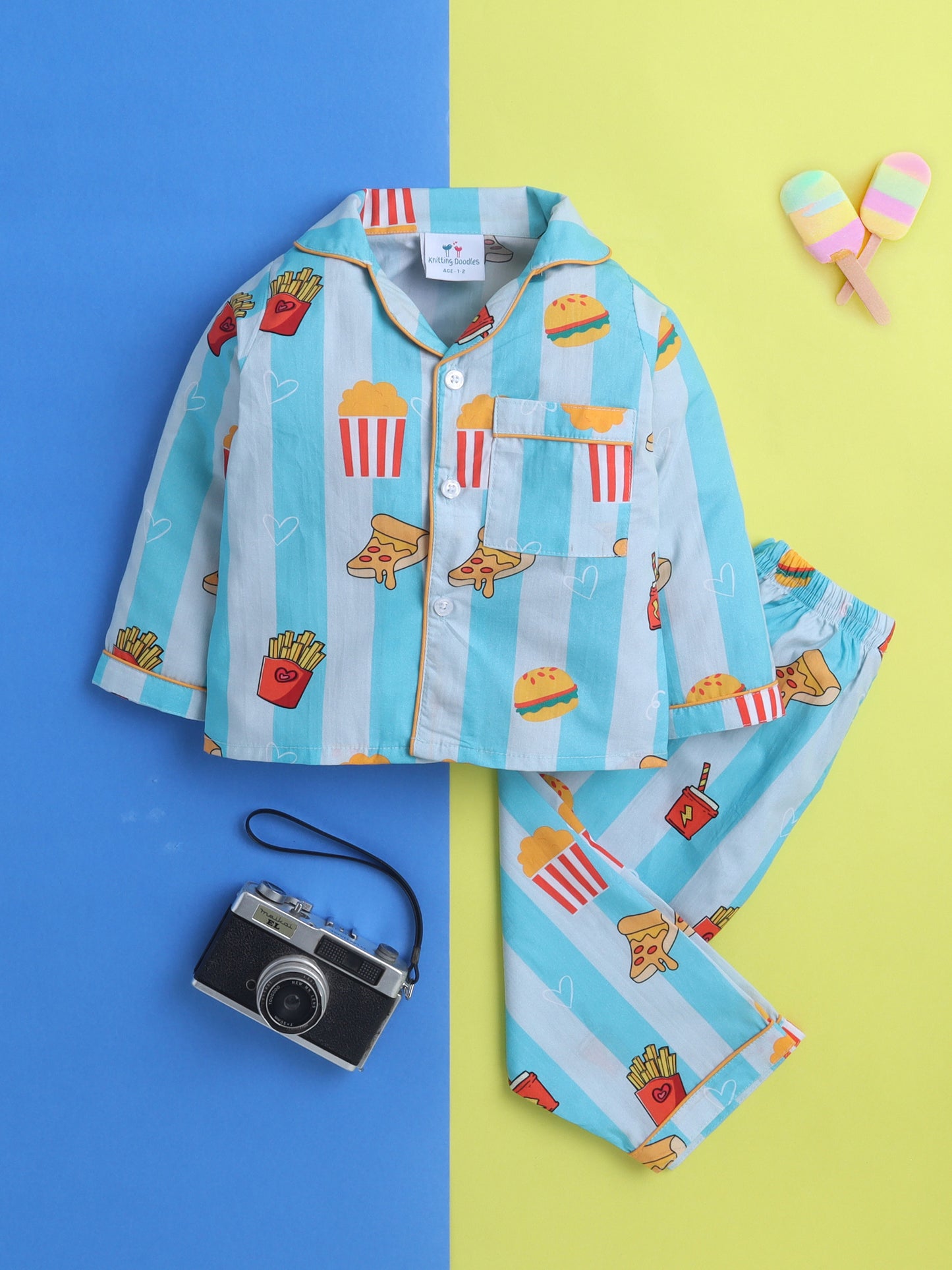 Junk Food Print Night Suit- Blue
