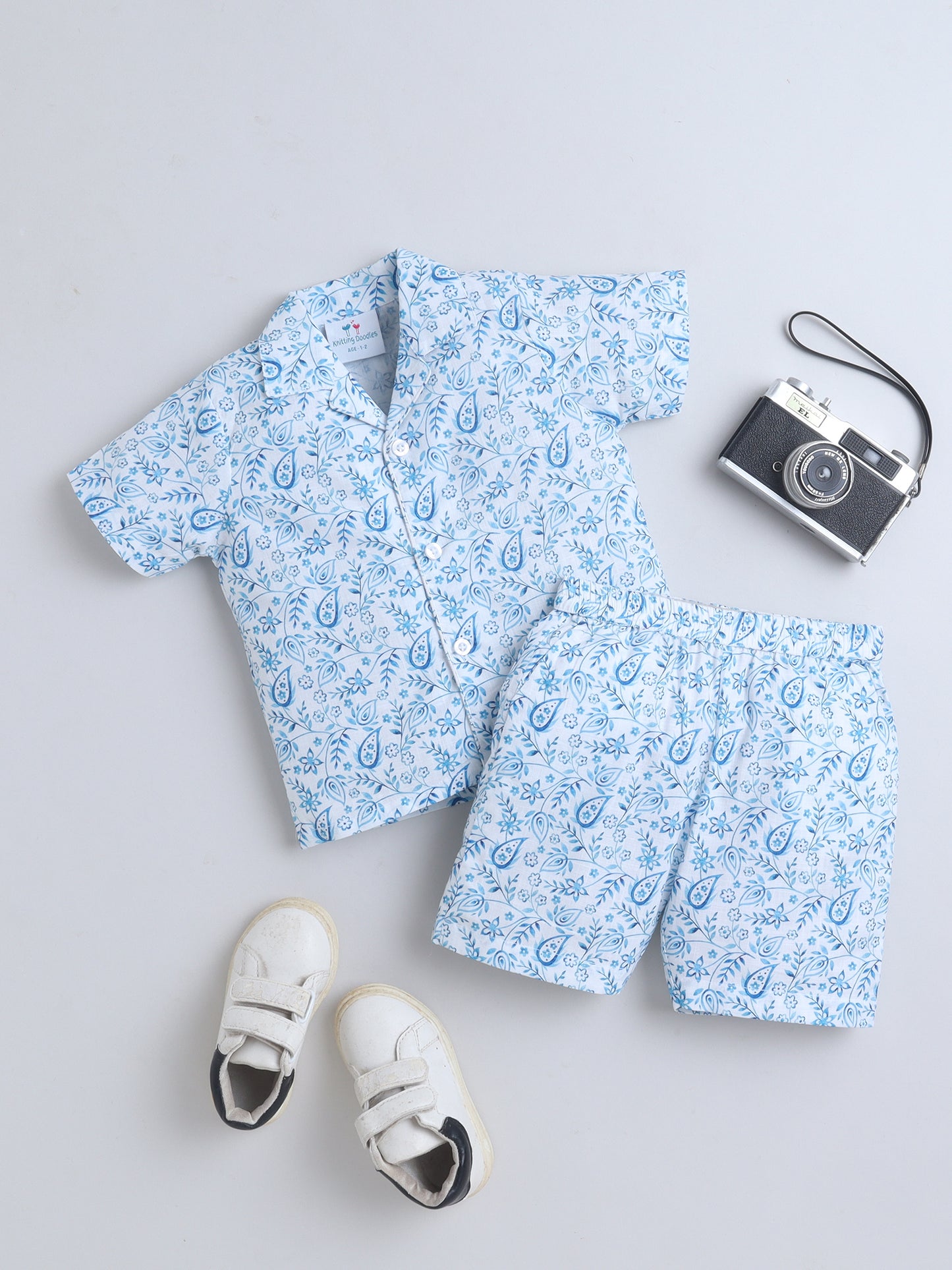 Blue Paisley Cotton Slub Shirt & Shorts Co-ord Set