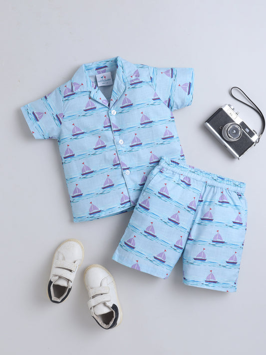 Sailboat Print Cotton Slub Co-ord Set