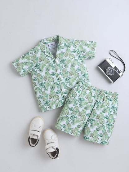 Tropical Leaves Cotton Slub Co-ord Set – Green
