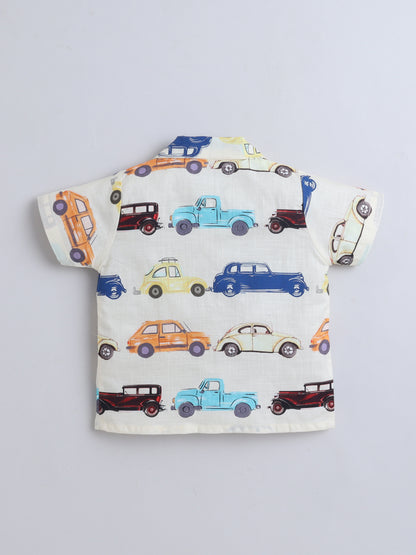 Vintage Cars Cotton Slub Co-ord Set- Beige