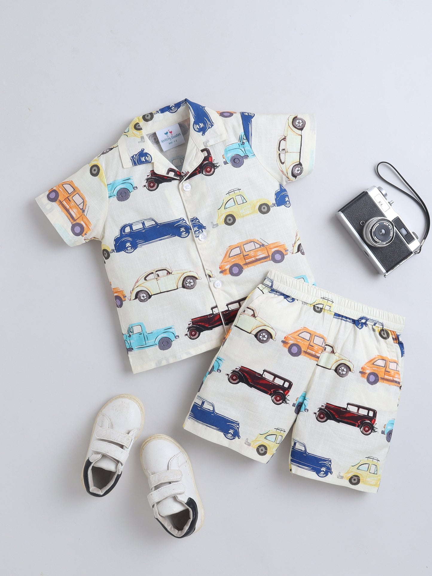 Vintage Cars Cotton Slub Co-ord Set- Beige