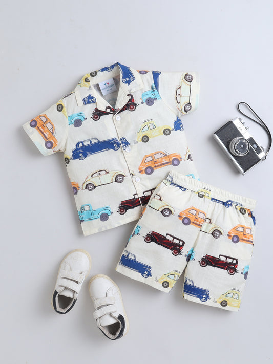 Vintage Cars Cotton Slub Co-ord Set- Beige