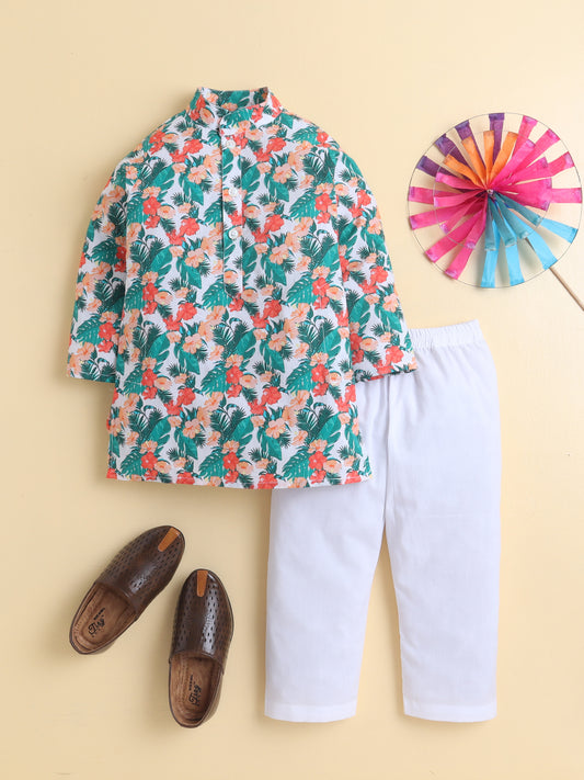 Tropical Floral Cotton Poplin Kurta Pyjama Set