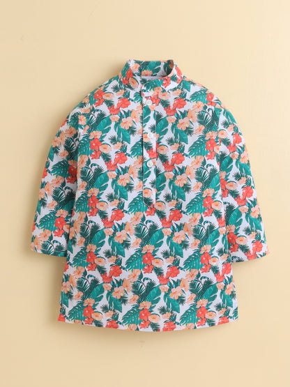 Tropical Floral Cotton Poplin Kurta Pyjama Set