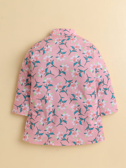 Blush Pink Floral Cotton Poplin Kurta Pyjama Set
