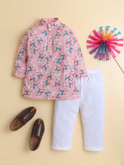 Blush Pink Floral Cotton Poplin Kurta Pyjama Set