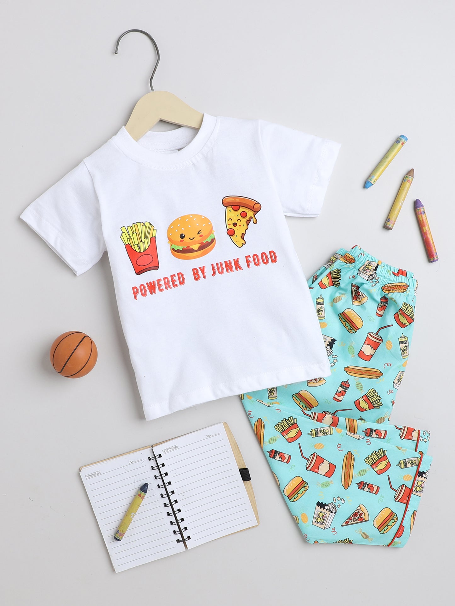 Junk Food Print T-shirt and Pyjama- White & Green