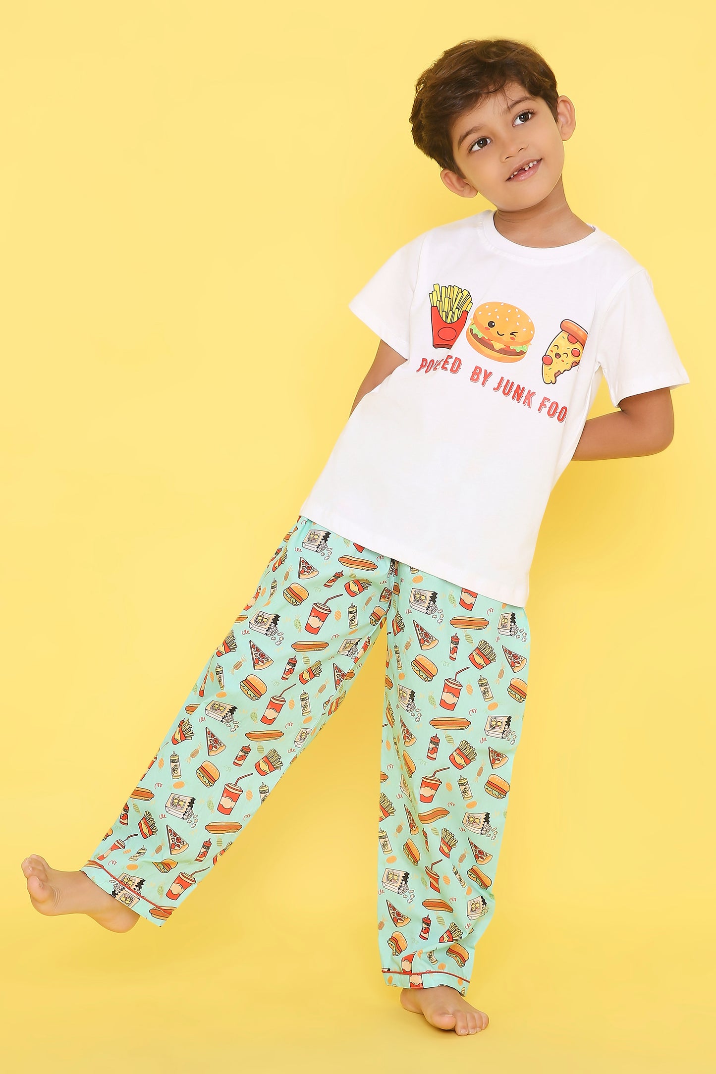 Junk Food Print T-shirt and Pyjama- White & Green