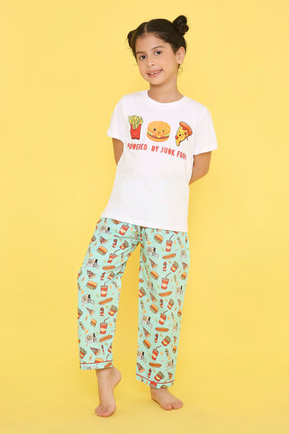 Junk Food Print T-shirt and Pyjama- White & Green