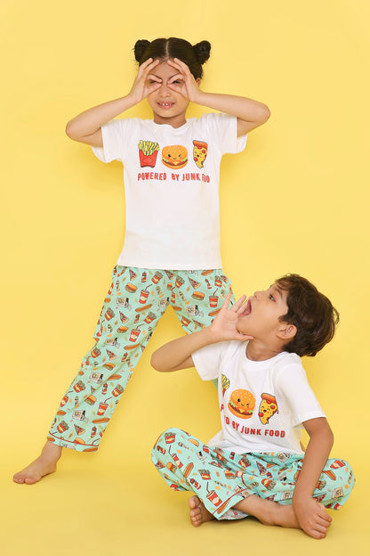 Junk Food Print T-shirt and Pyjama- White & Green