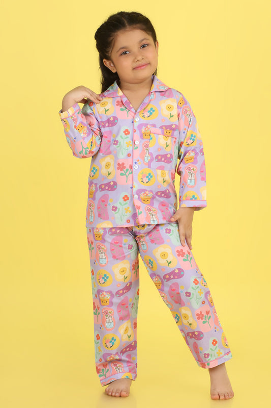 Flowers Print Nightsuit- Lilac
