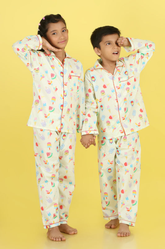 Icecream Print Nightsuit- Very Light Green