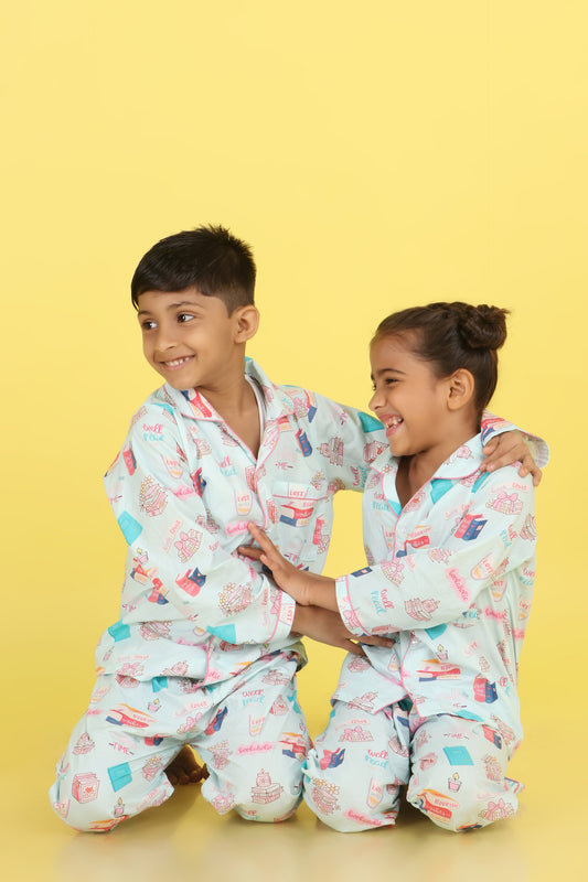 Books Print Nightsuit- Light Blue