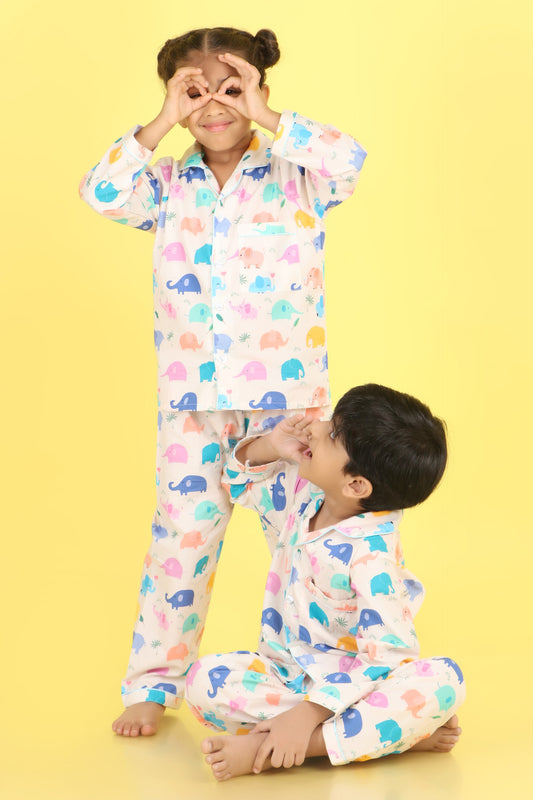Elephants Print Nightsuit- Off White