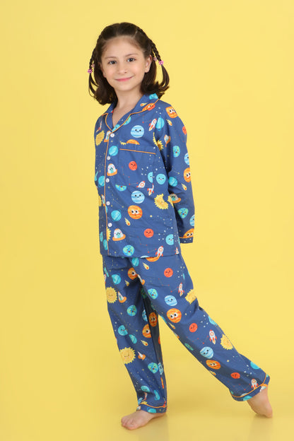 Space and Planets Print Nightsuit- Blue