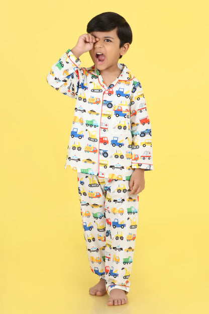 Cars Print Nightsuit- White