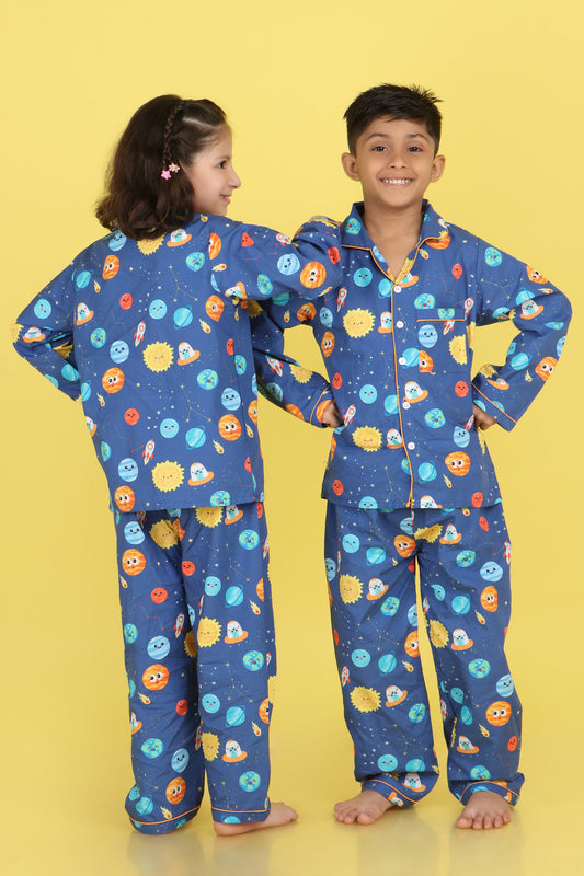Space and Planets Print Nightsuit- Blue