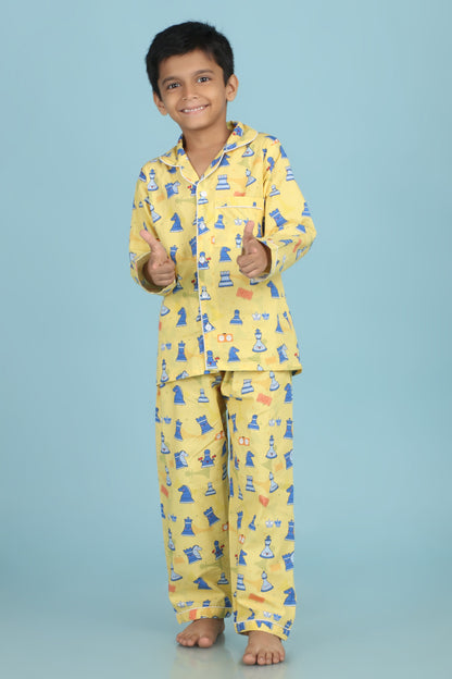 Chess Print Nightsuit- Yellow