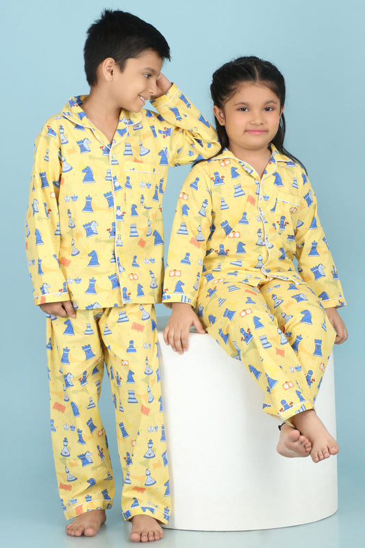 Chess Print Nightsuit- Yellow
