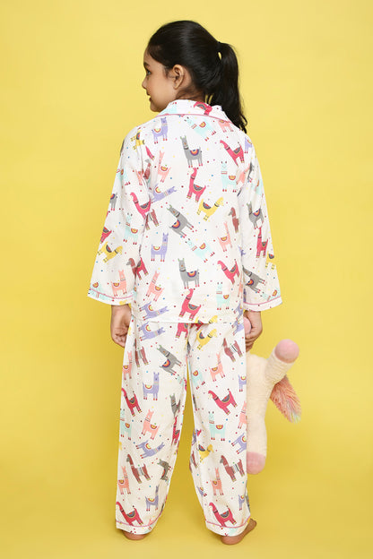 Llamas Print Night Suit- White