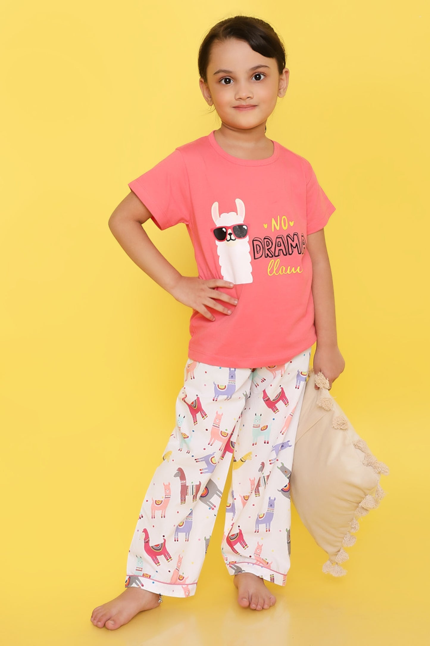 Knitting Doodles Premium Cotton Kids' Night suit with Llama print t-shirt and Pyjama- Pink and White