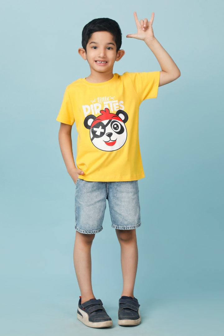 Knitting Doodles Pure cotton Boys' Yellow t-shirt with Little Pirates print- Yellow