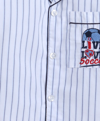 White and Blue Stripes Night suit with Live, Love Soccer embroidery on pocket