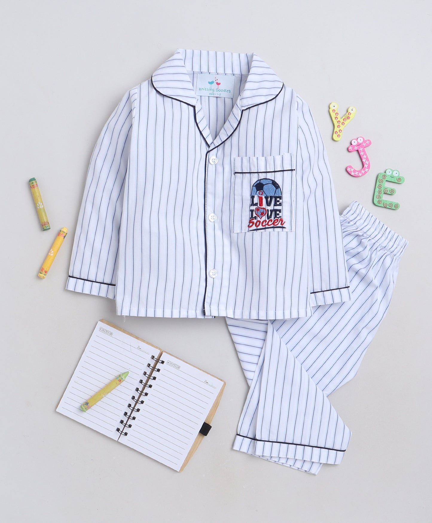 Knitting Doodles Premium Cotton Kids' Stripes Night suit with Live, Love soccer embroidery on pocket- White