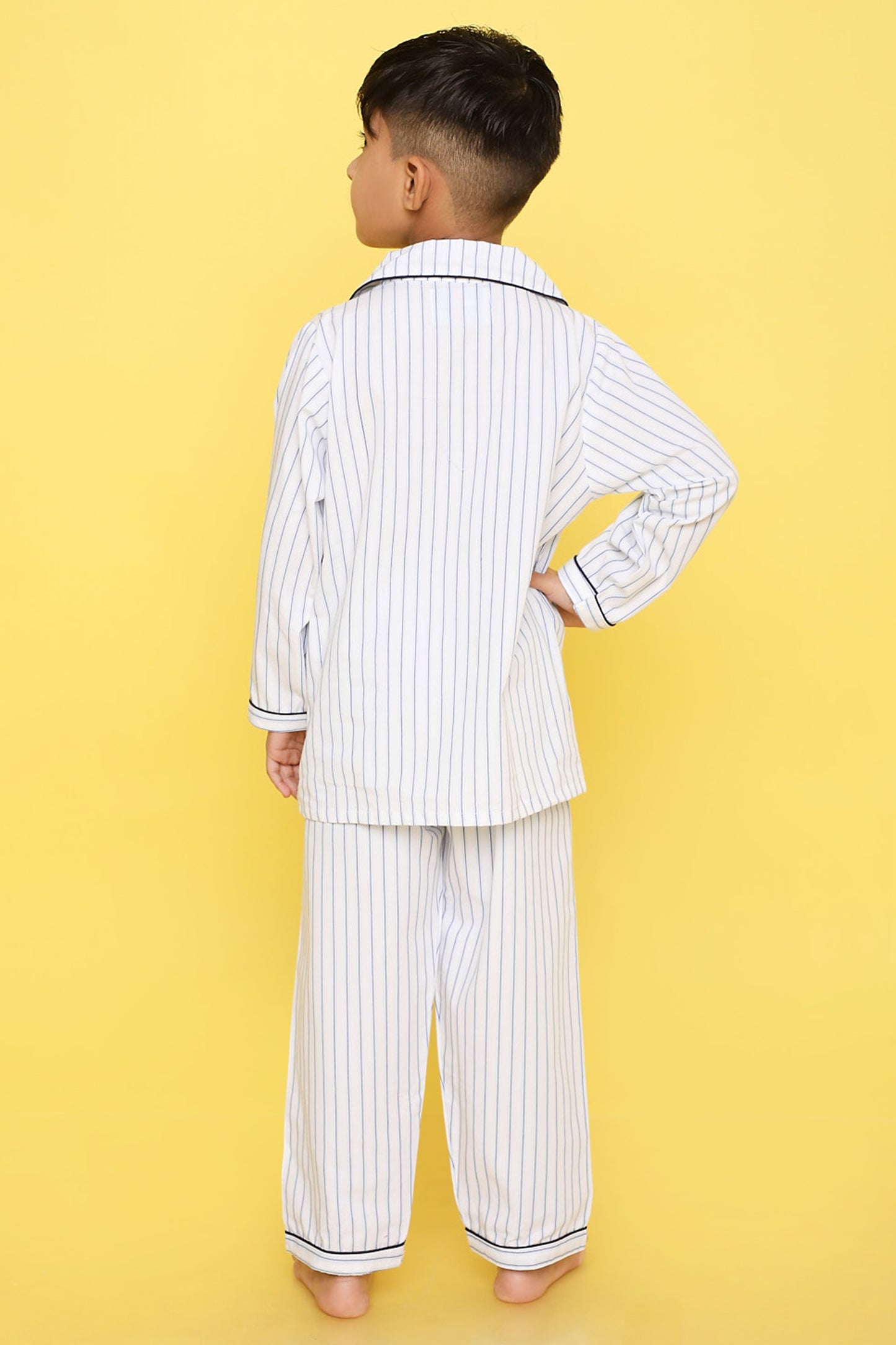Knitting Doodles Premium Cotton Kids' Stripes Night suit with Live, Love soccer embroidery on pocket- White