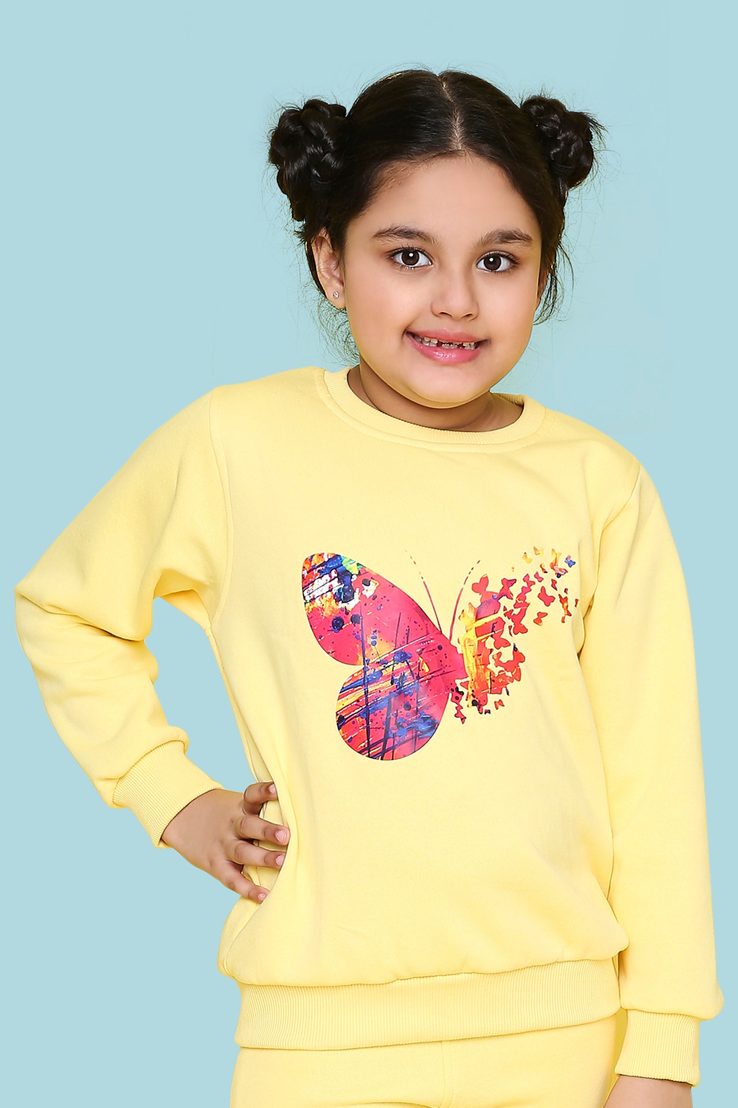 Knitting Doodles Kids' Sweat Shirt with Warm Fleece and Pretty Butterfly print- Yellow