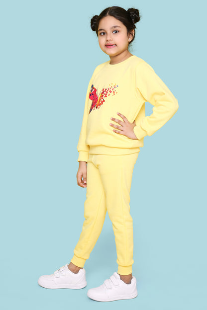 Knitting Doodles Kids' Jogger Set with Warm Fleece and Pretty Butterfly print- Yellow