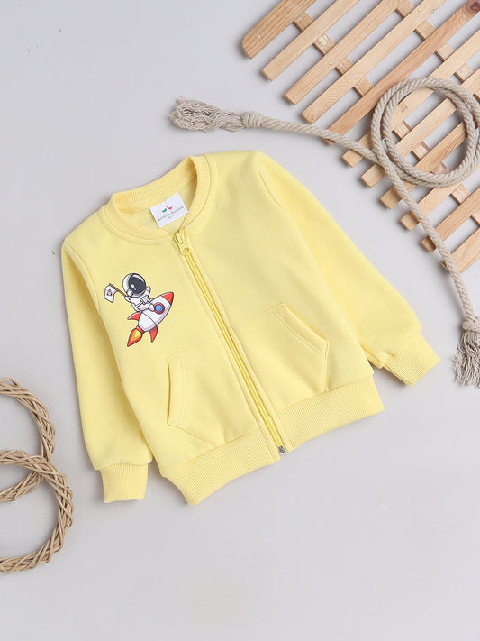 Knitting Doodles Kids' Jacket with Warm Fleece and Rocket Print- Yellow