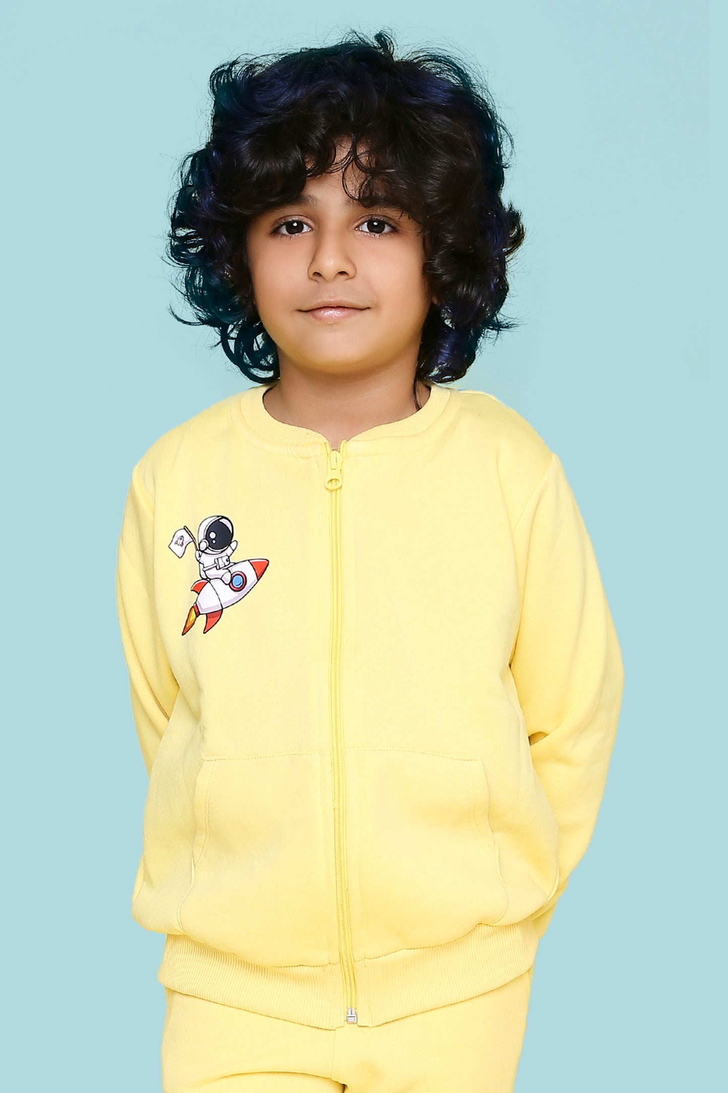 Knitting Doodles Kids' Jacket with Warm Fleece and Rocket Print- Yellow